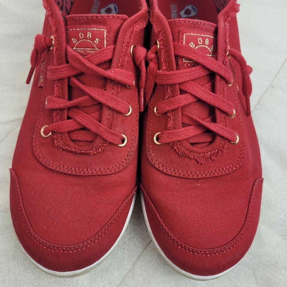 Bobs Skechers Memory Foam red canvas slip on lace sneakers gold trim preppy 8 - Picture 6 of 10